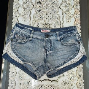 Hot Kiss blue denim shorts with white lace trim